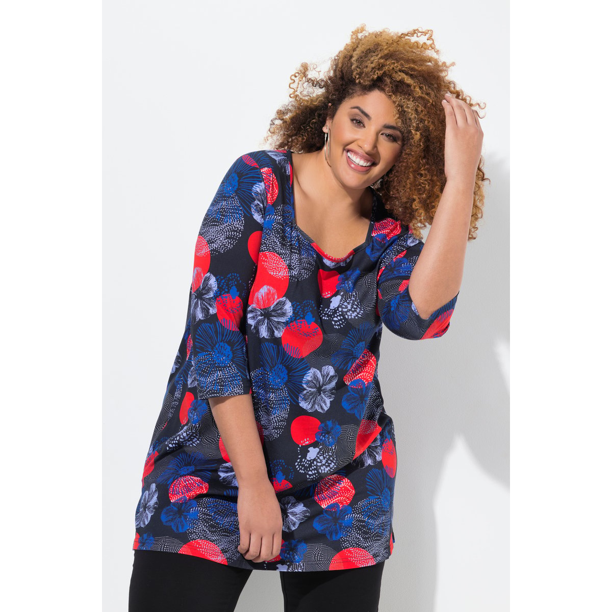 T-shirt long, décolleté carré et manches 3/4 noir, ULLA POPKEN