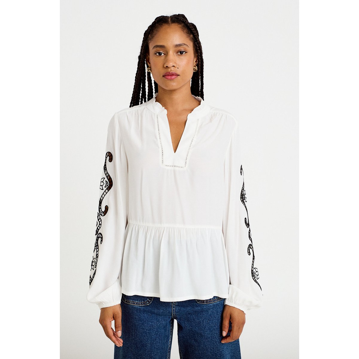 Blouse col v manches longues ecru, CACHE CACHE