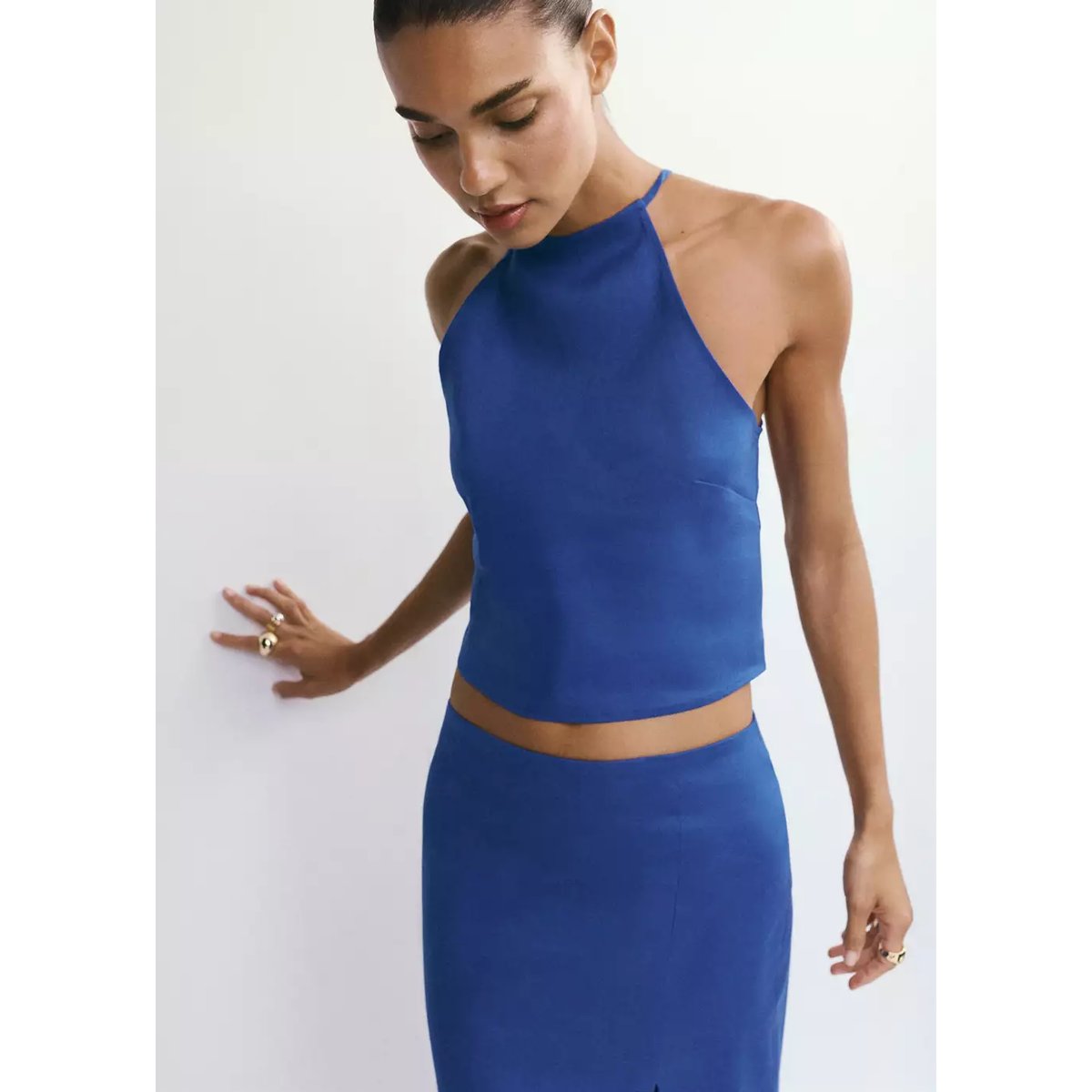 Jupe midi en mélange de lin et coton bleu, MANGO