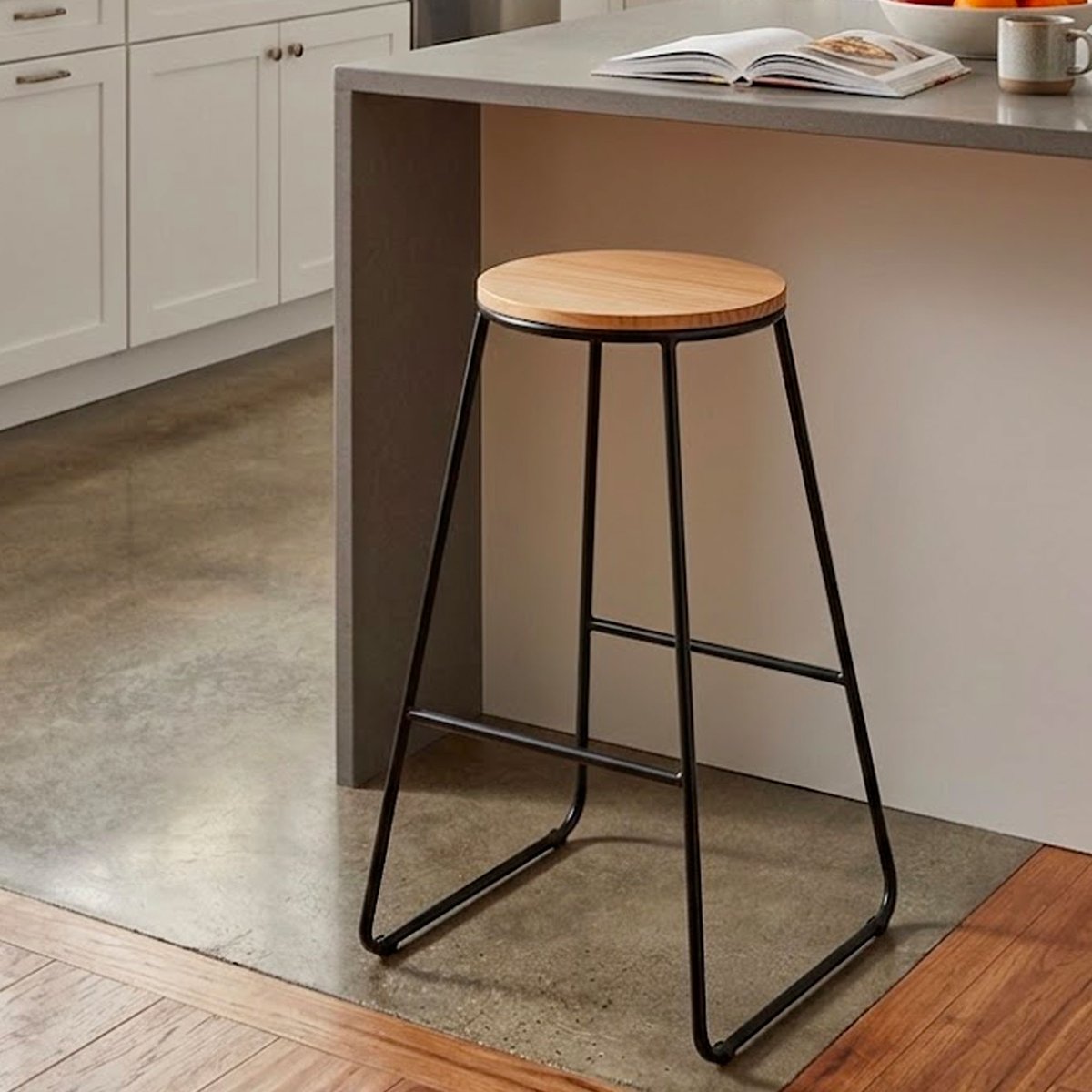 Tabouret de bar métal noir et assise bois 31x31x71cm noir, WADIGA