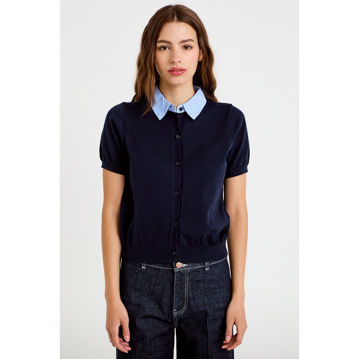 Polo col chemise manches courtes bleu marine, CACHE CACHE
