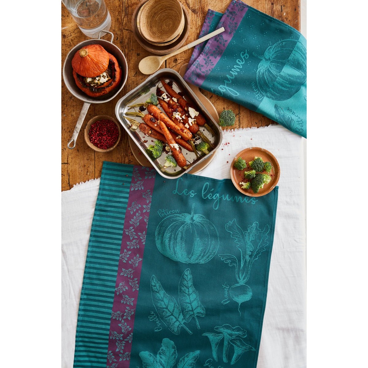 Torchon jacquard en coton POTAGER D'AUTOMNE bleu, COUCKE