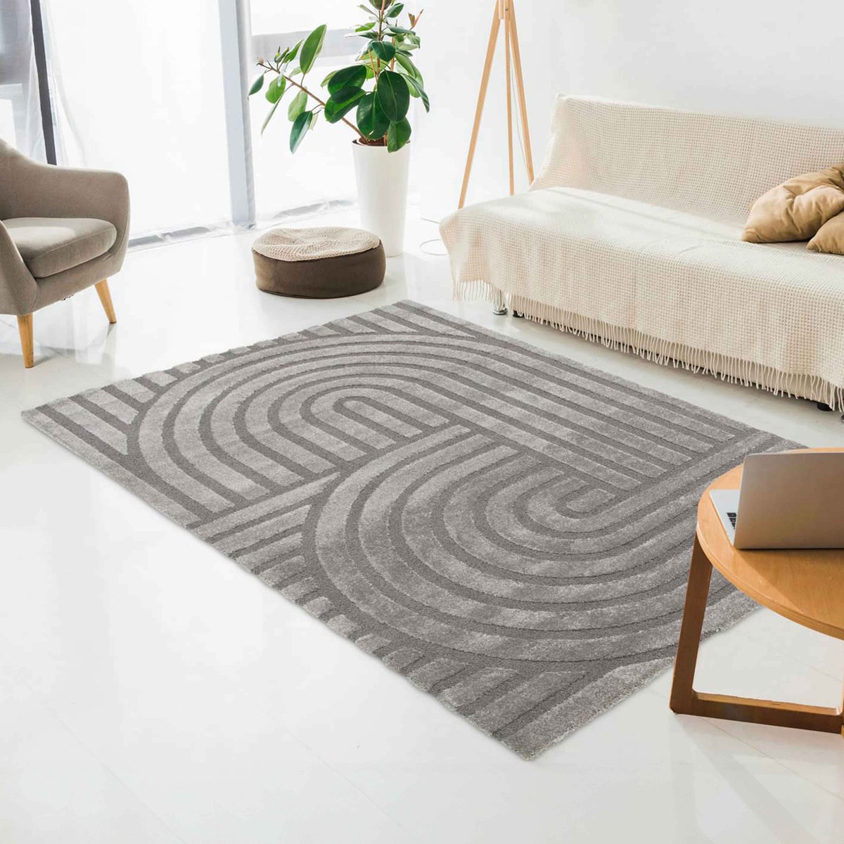 Tapis shaggy rectangulaire en polyester et polypropylène, ARCHE gris, OVIALA
