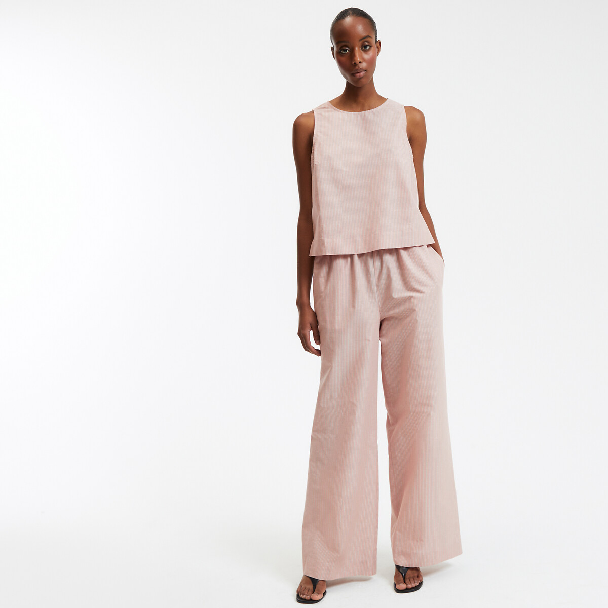 Pantalon rayé large, en coton et lin rayé rose, LA REDOUTE COLLECTIONS