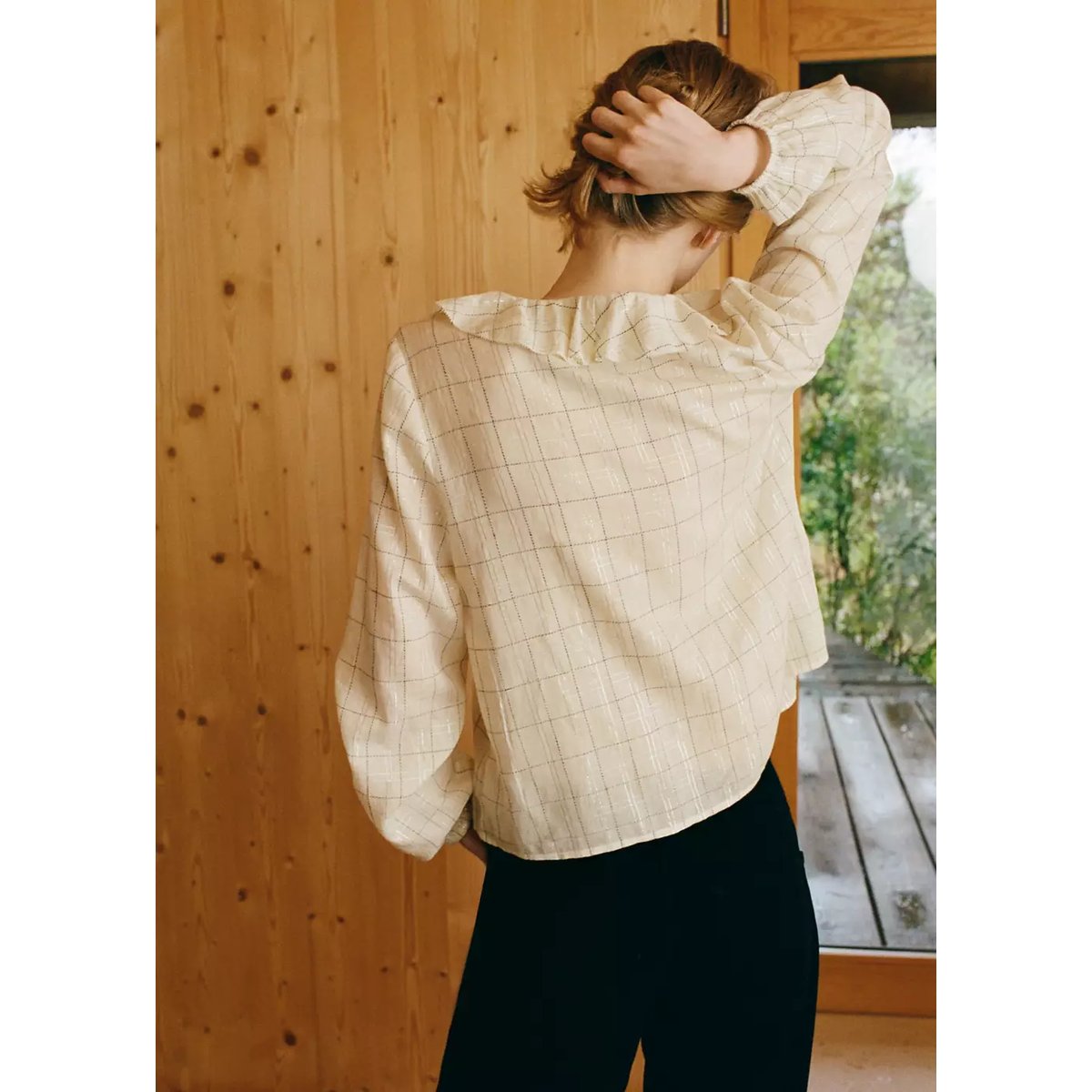 Blouse à carreaux avec volants blanc cassé, MANGO TEEN