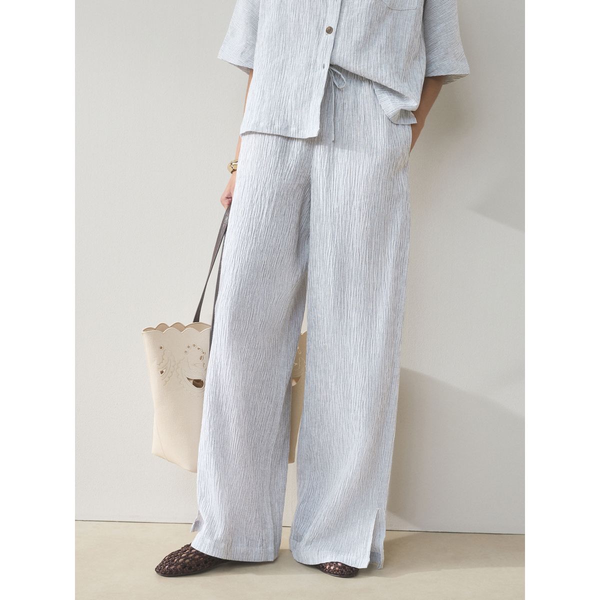 Pantalon large texturé en lin, lot de 2 rayures bleu ardoise/blanches, NEXT