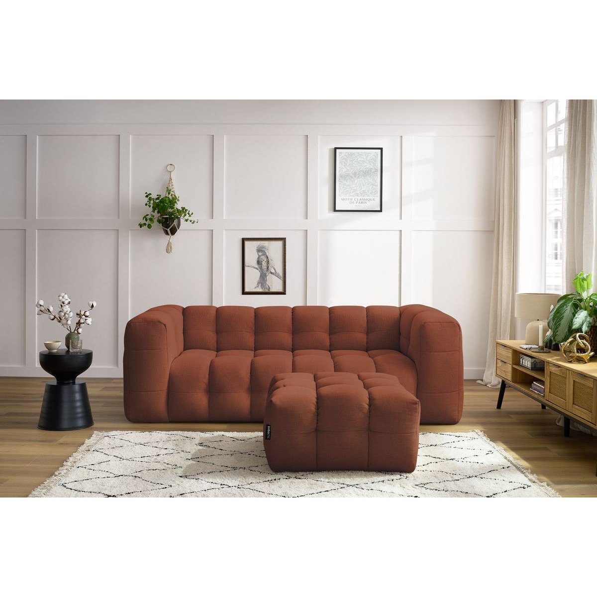 Canapé lit 4 places en tissu lisse, CLOUD orange, BOBOCHIC