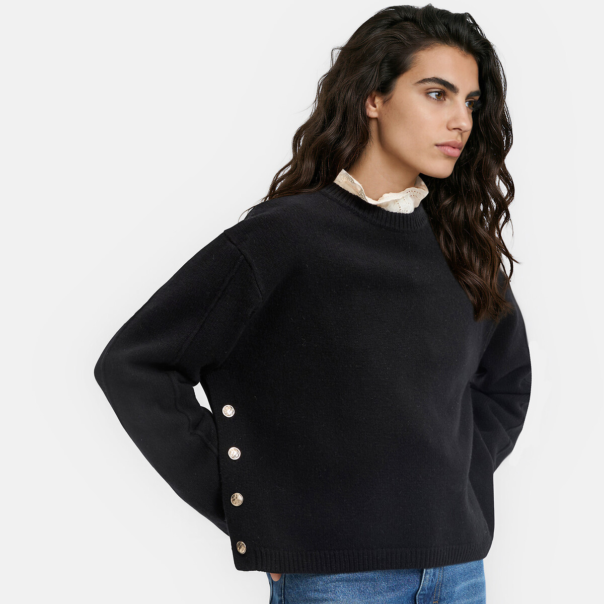 Jersey de cuello redondo de lana con botones en el lateral negro, LA REDOUTE COLLECTIONS