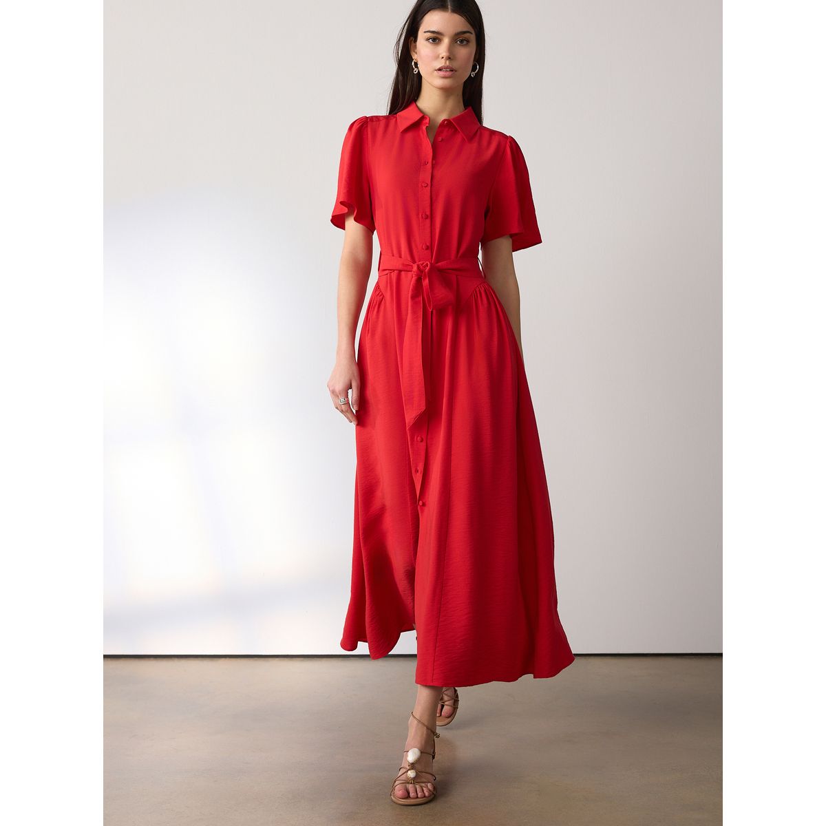 Robe chemise mi-longue cintrée rouge, NEXT