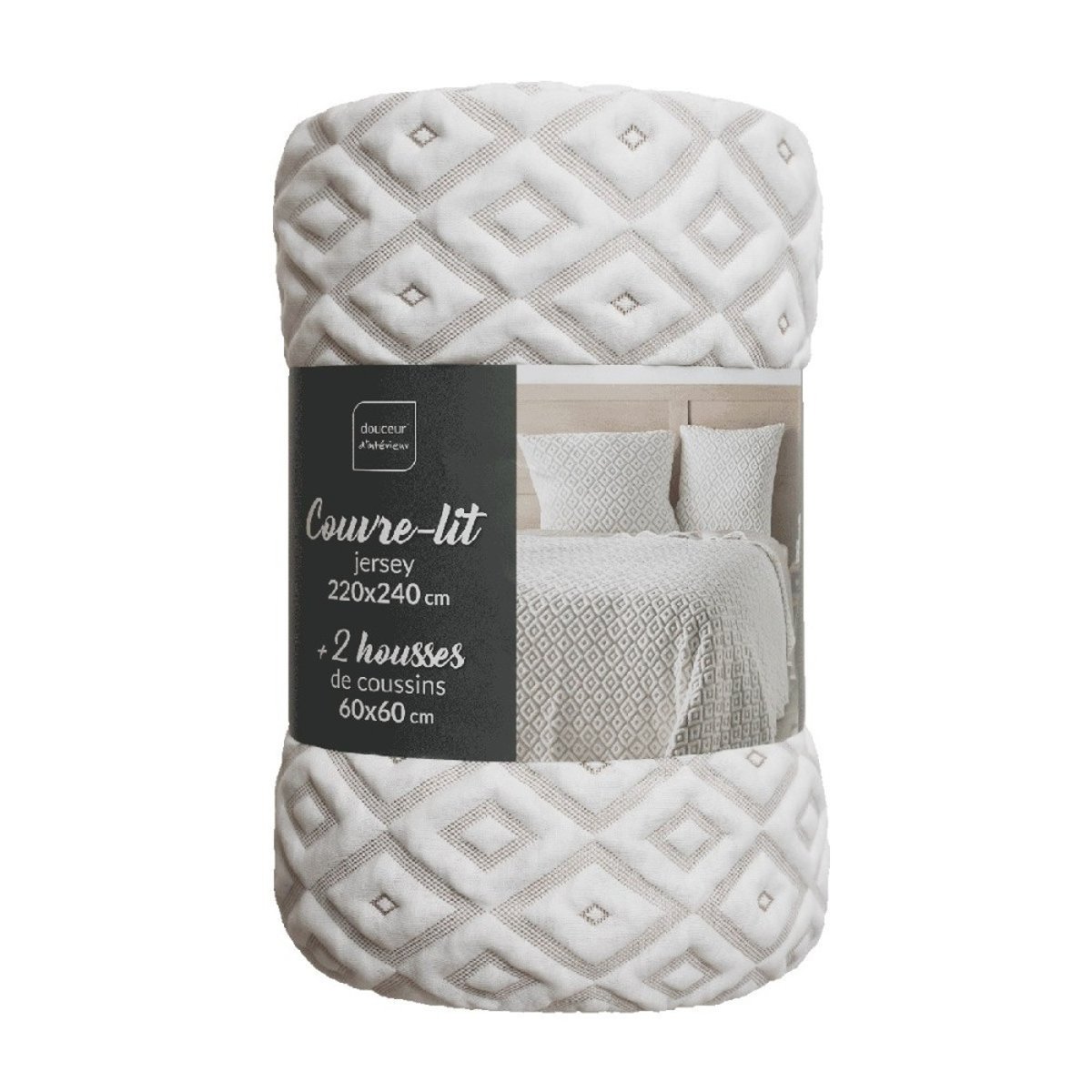 Couvre-lit 2 personnes matelassé 240x260 + taies jersey microfibre Joana blanc, DECORATIE