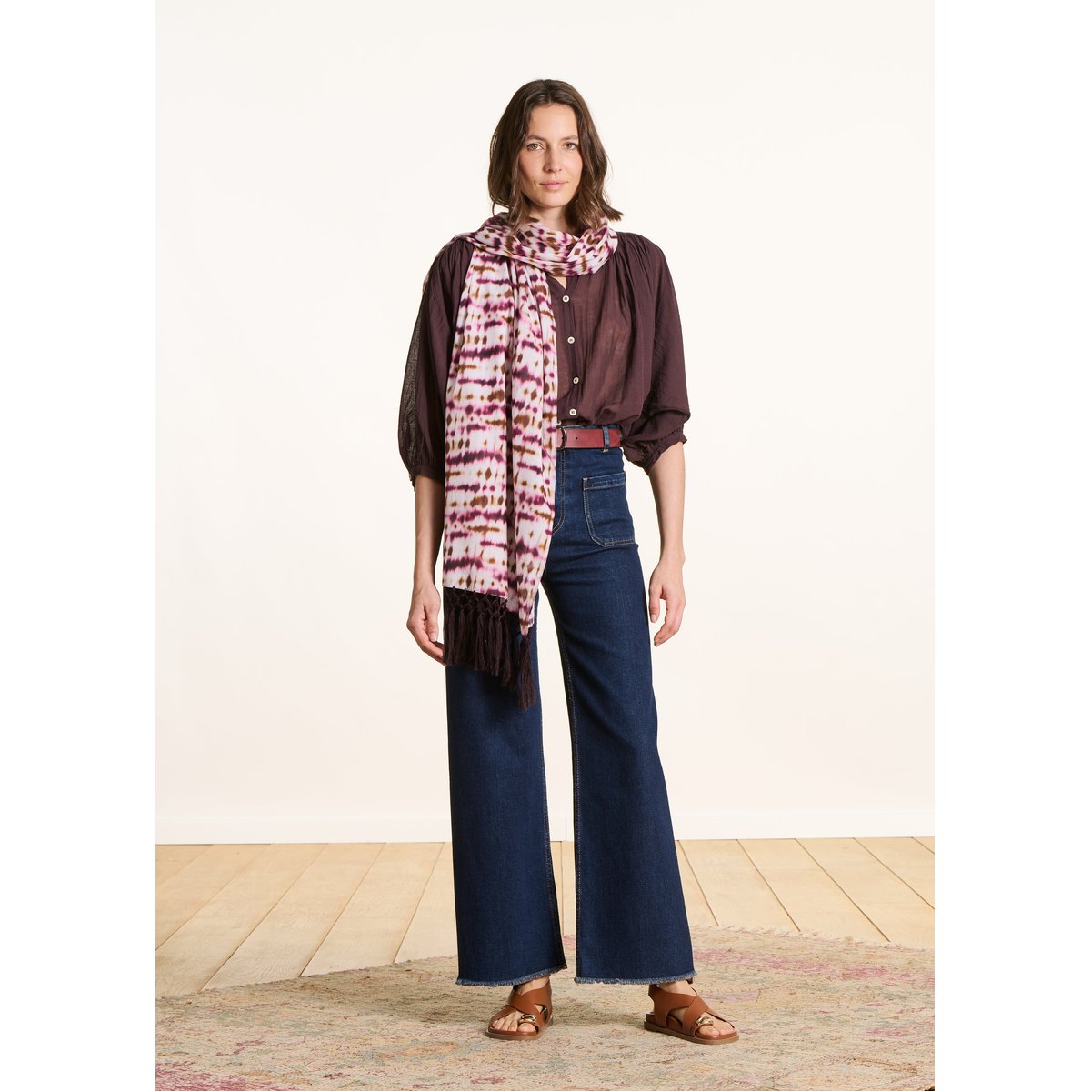 Foulard coton imprimé tie & dye ecru/burgundy, LA FEE MARABOUTEE