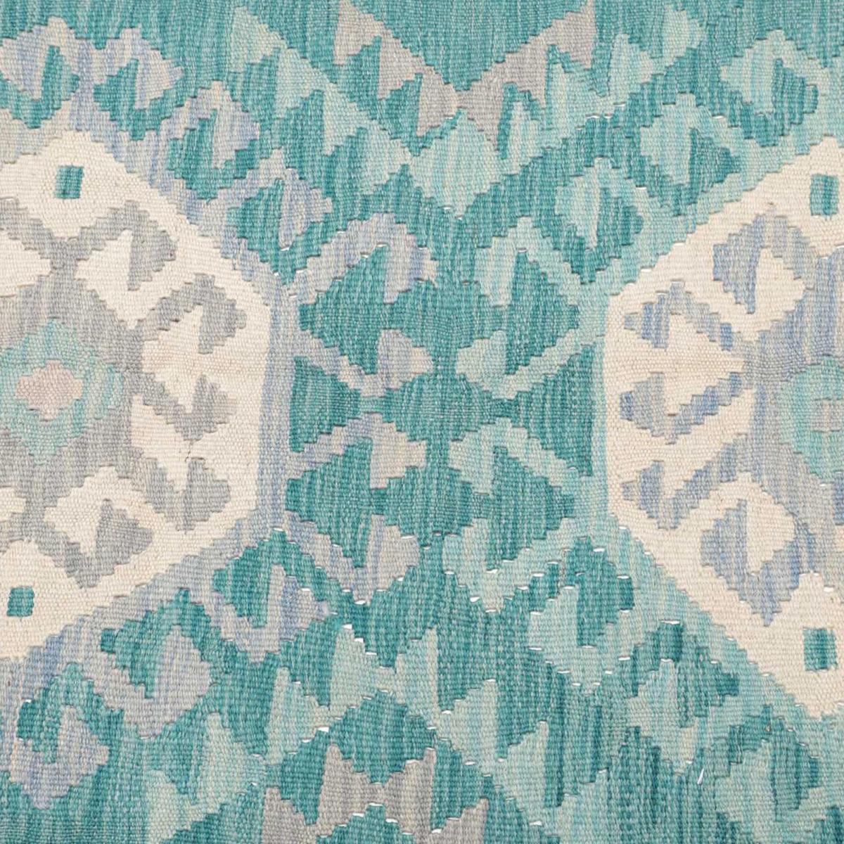 Tapis d'orient, motif géométrique authentique, tissé à plat, KILIM 15 bleu, crème, gris, UN AMOUR DE TAPIS