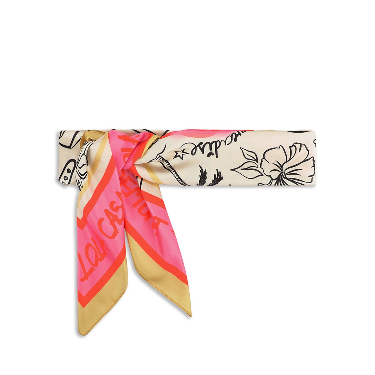 Foulard en satin imprimé logo XL et motifs estivaux rose, LOLA CASADEMUNT