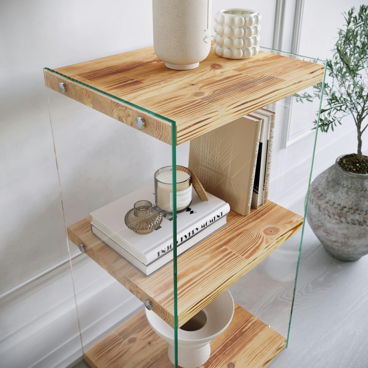 Colonne étagère design verre / bois LHASA bois clair, 3 plateaux, PIER IMPORT
