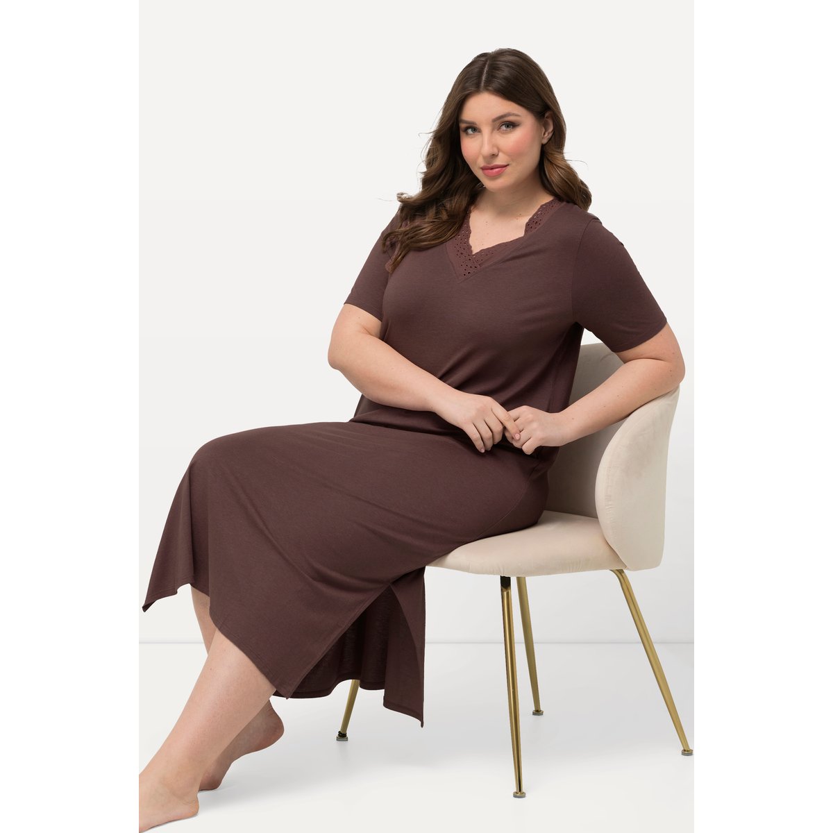 Chemise de nuit V, broderie, modal terre, ULLA POPKEN