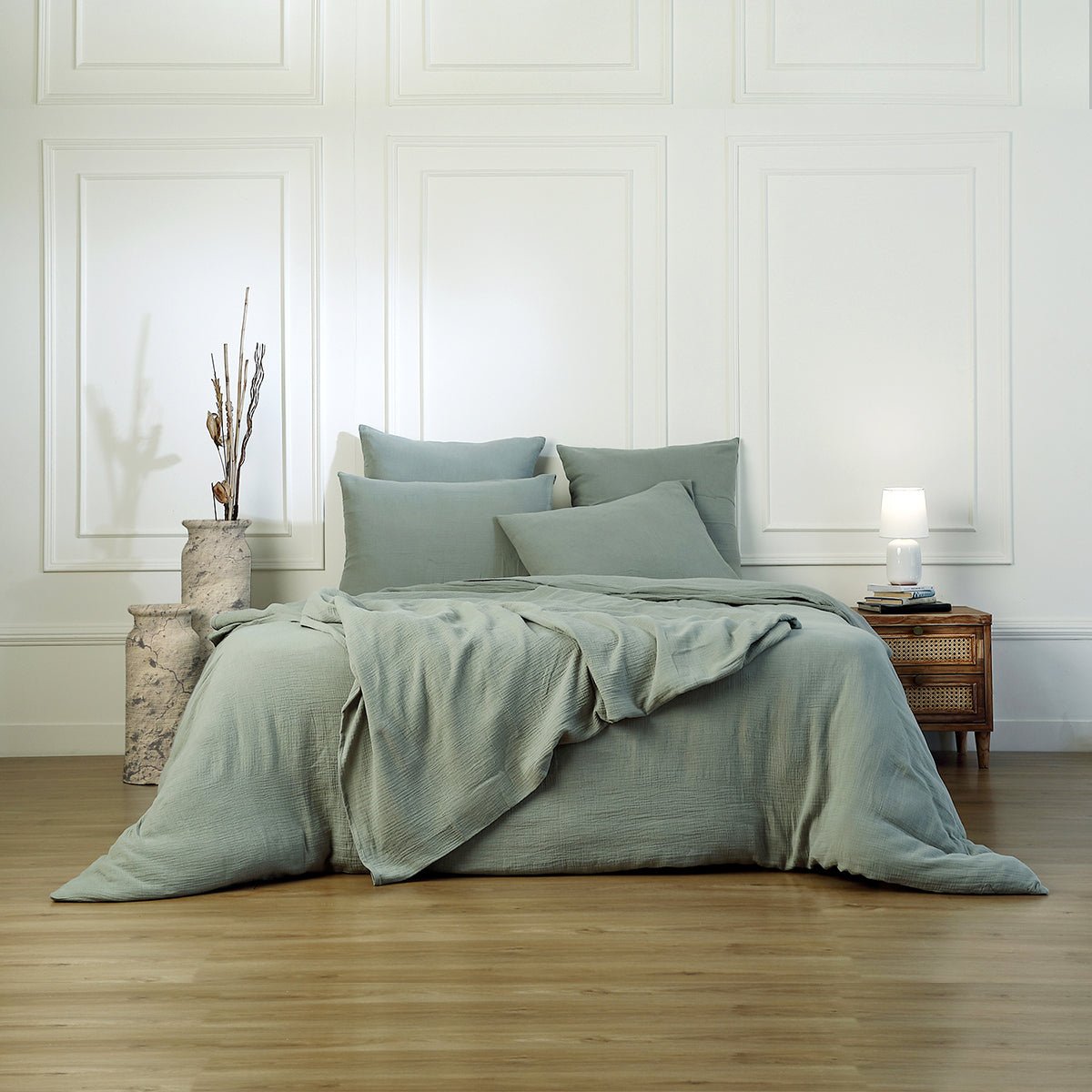 Parure + taies 65x65 gaze de coton CARLA vert céladon, FEBRONIE