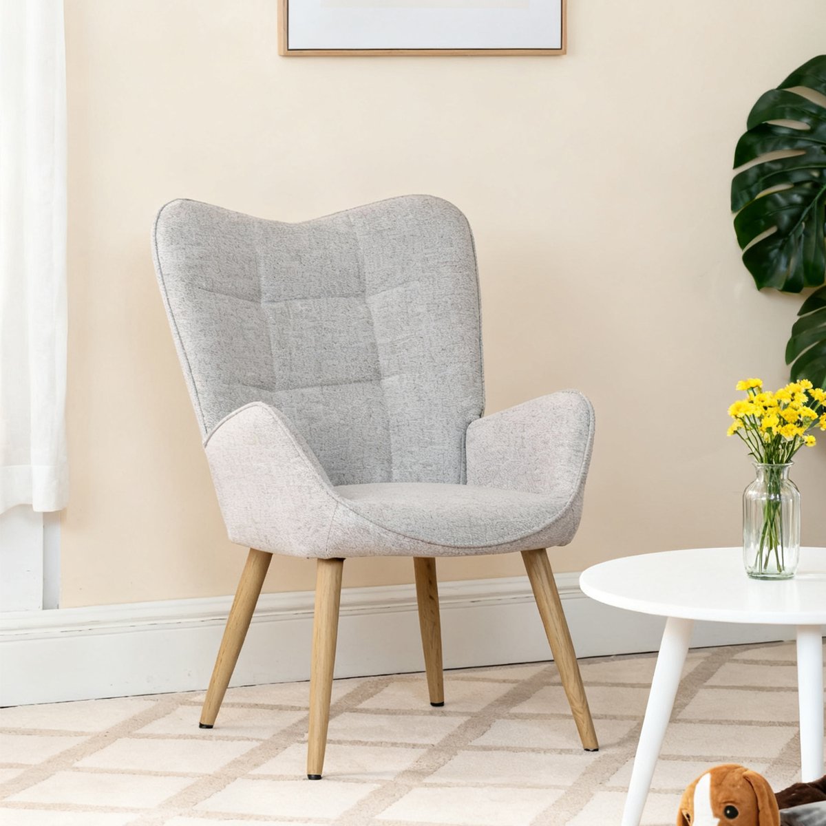 Fauteuil confortable bas style scandinave dossier moyen assise confortable pieds métal effet bois, KANAS gris clair, MEUBLES COSY