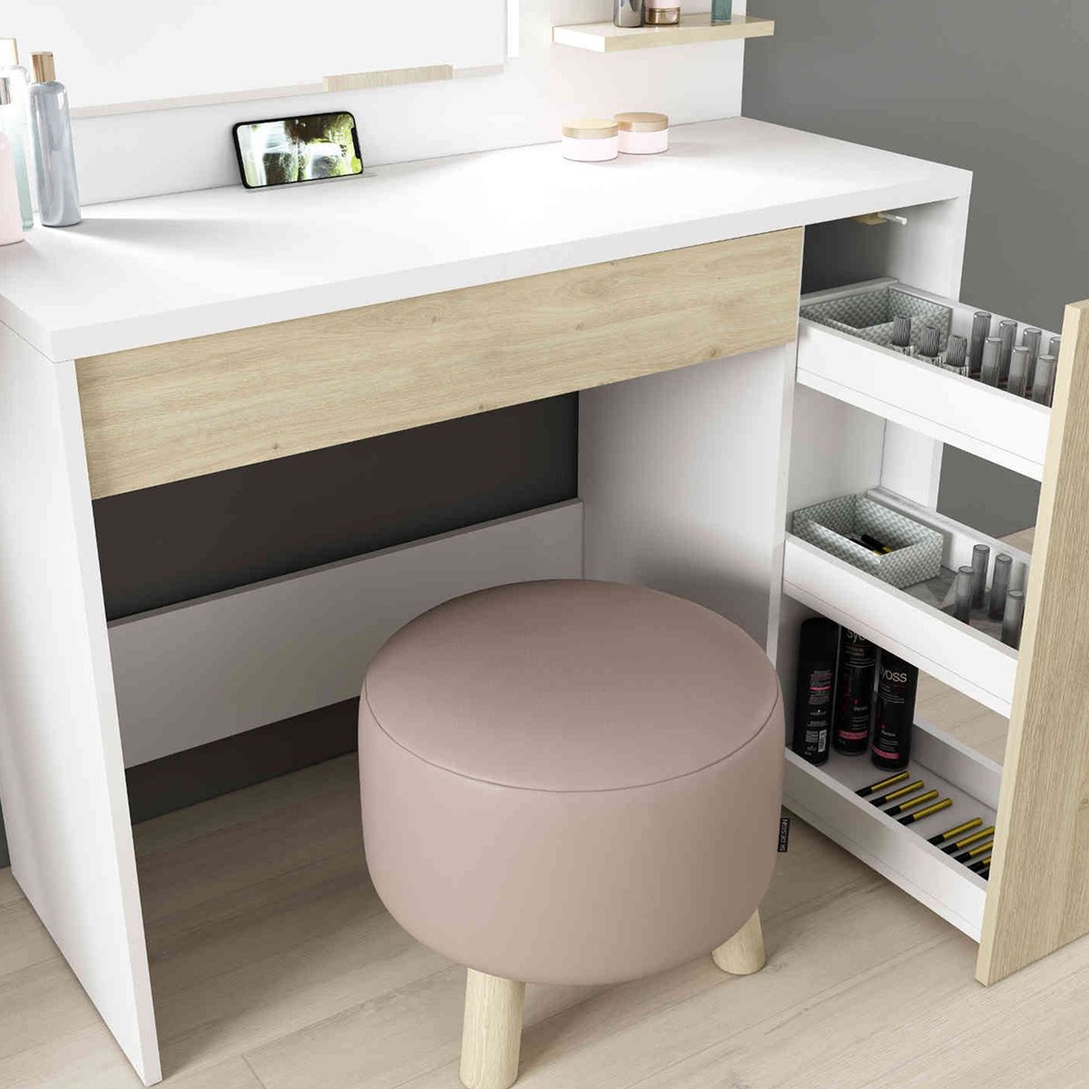 Coiffeuse avec miroir blanc, TERRE DE NUIT