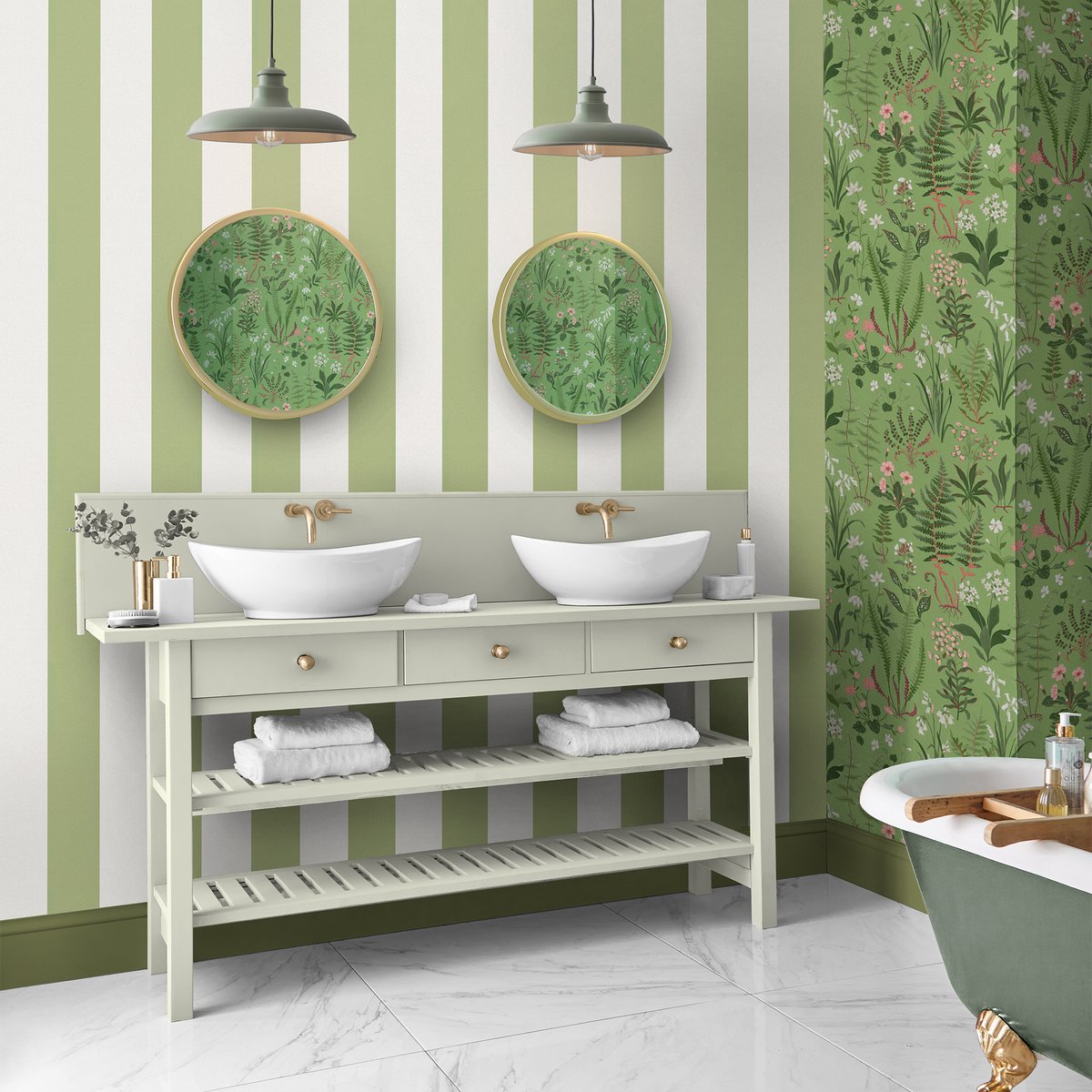 Papier peint Quartet rayures vert anis. blanc, GRAHAM ET BROWN