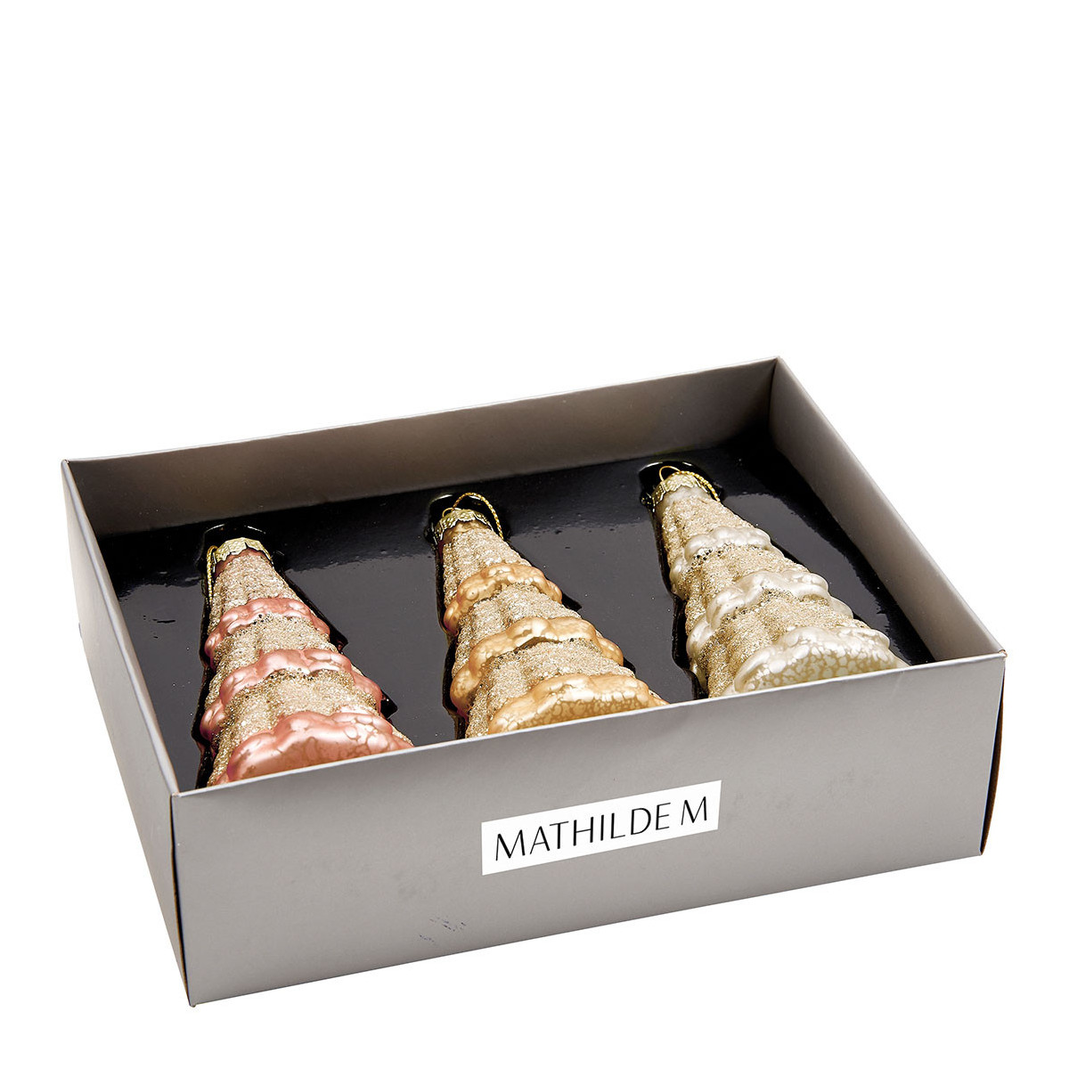 Coffret de 3 sapins pailletés en verre multi-couleurs, MATHILDE M