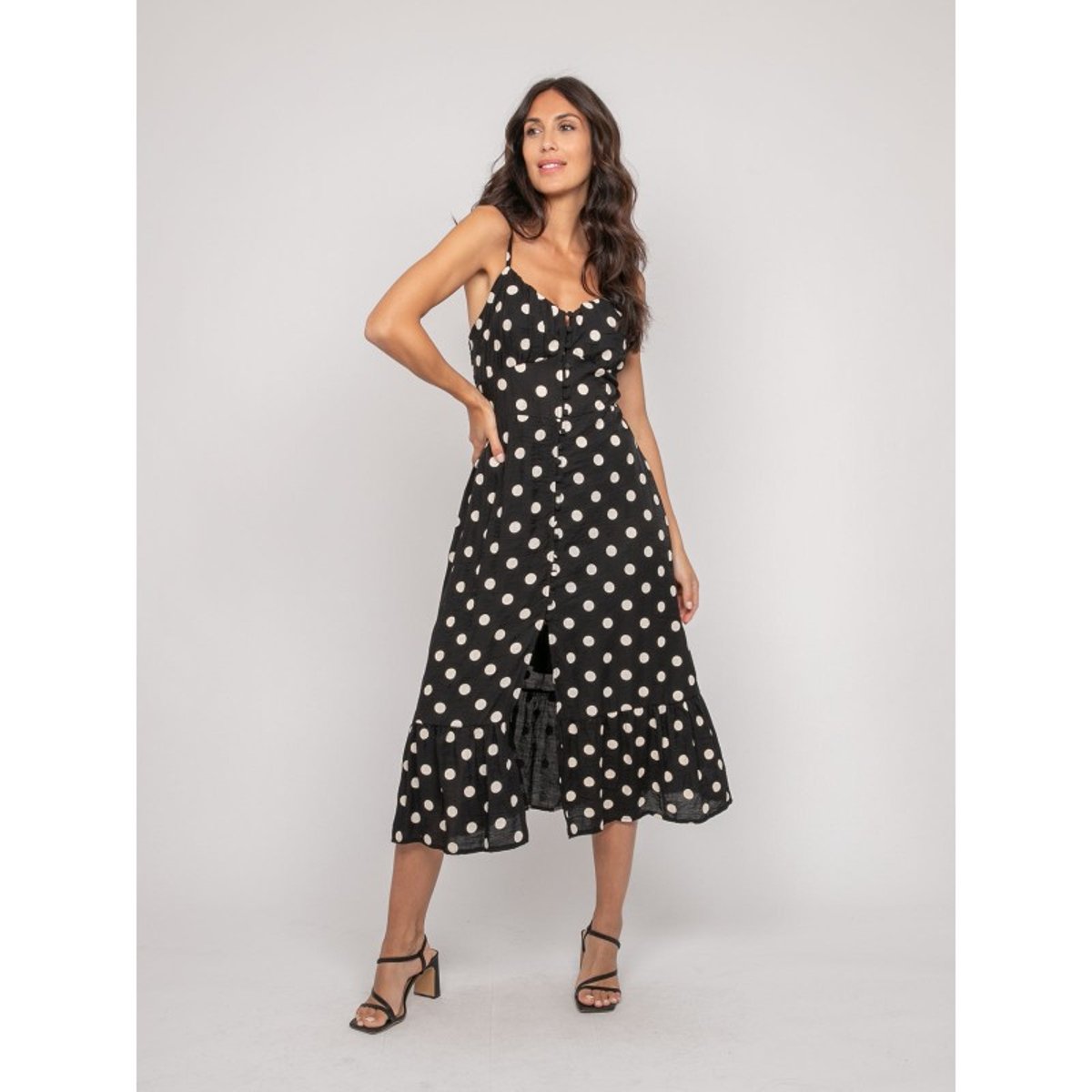 Robe Midi Fines Bretelles Motif Pois Ilomia noir, DONA LISA
