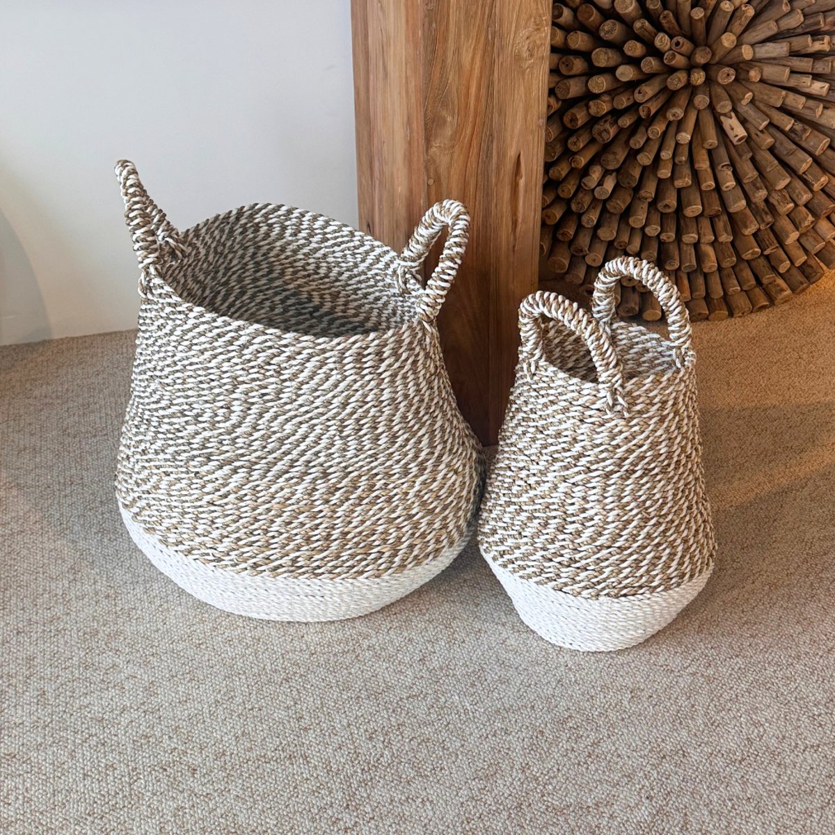 Lot de 2 paniers en corde tressée BRUNI naturel et blanc, HYDILE
