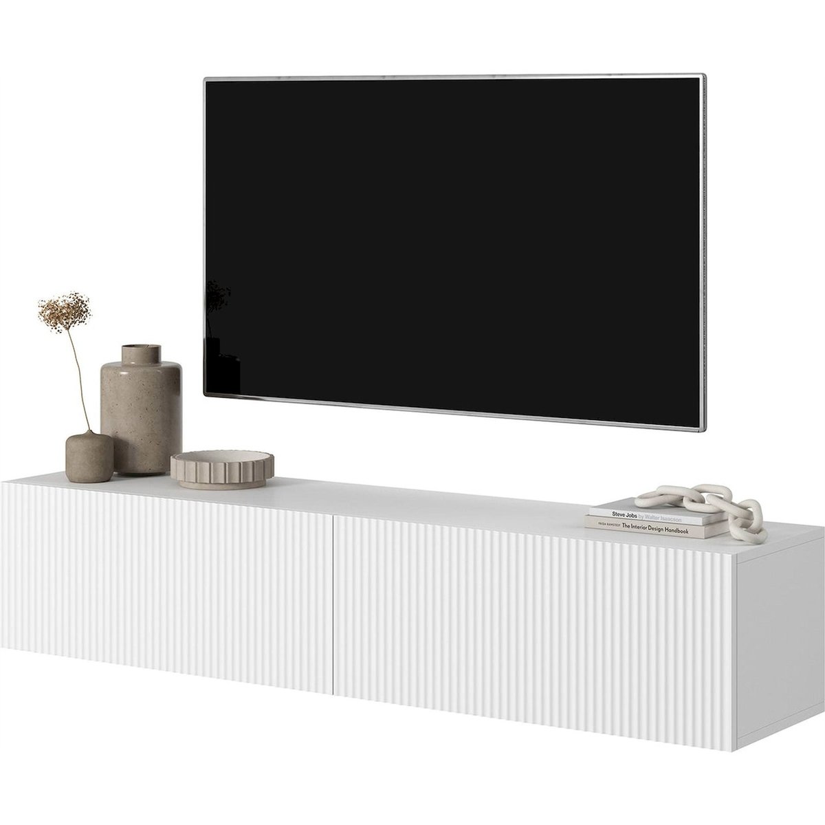 Meuble tv suspendu façade rainurée VELDIO blanc, RECOLLECTION