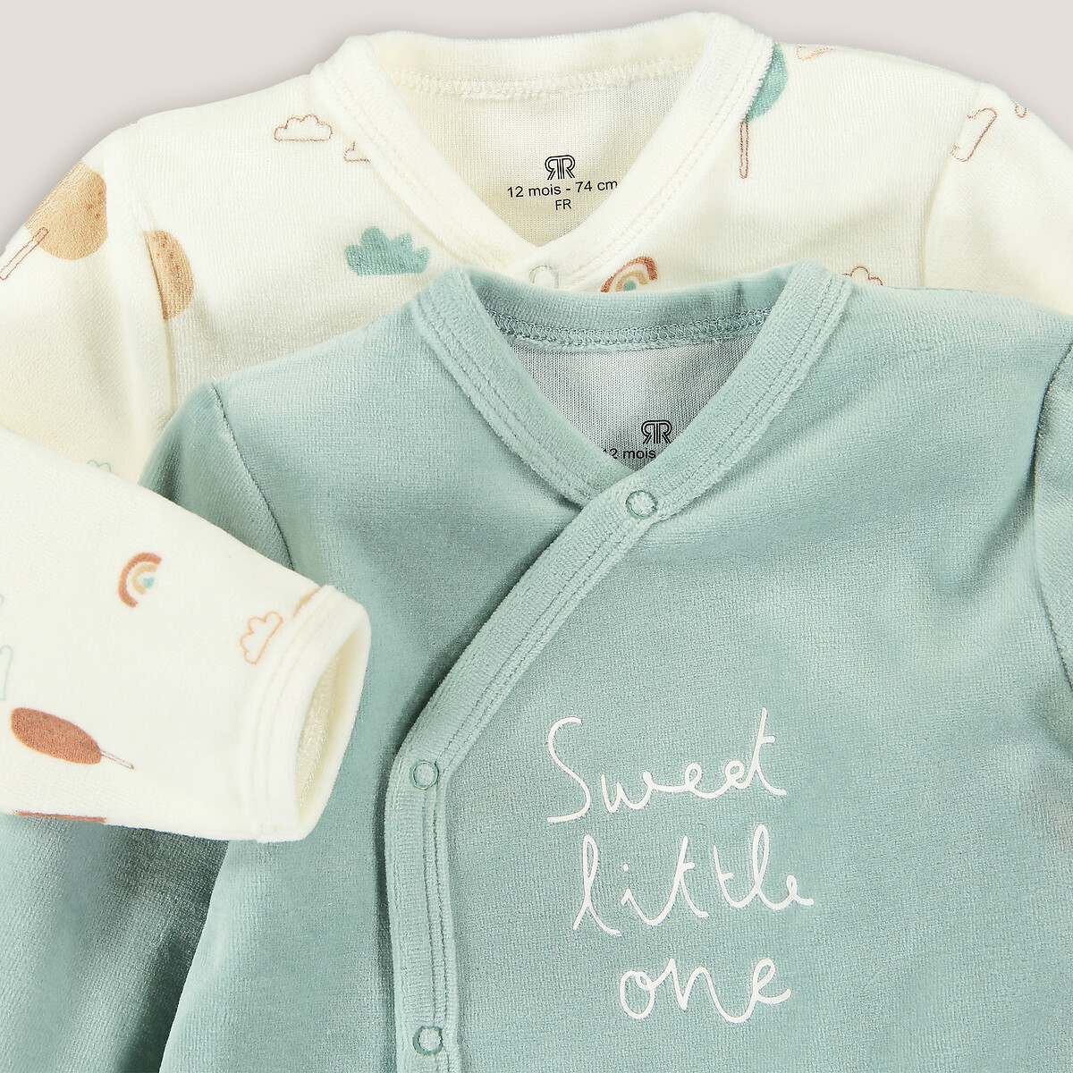 Lot de 2 pyjamas 1 pièce en velours ecru + turquoise, LA REDOUTE COLLECTIONS
