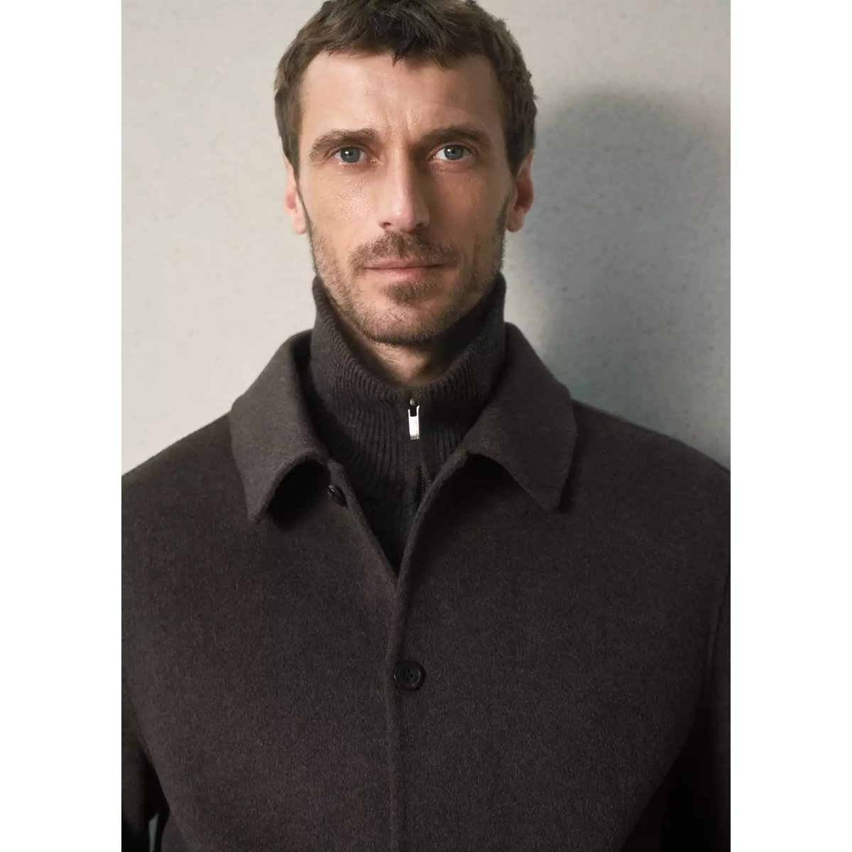 Veste en mélange de laine et cachemire à col chemise café, MANGO MAN