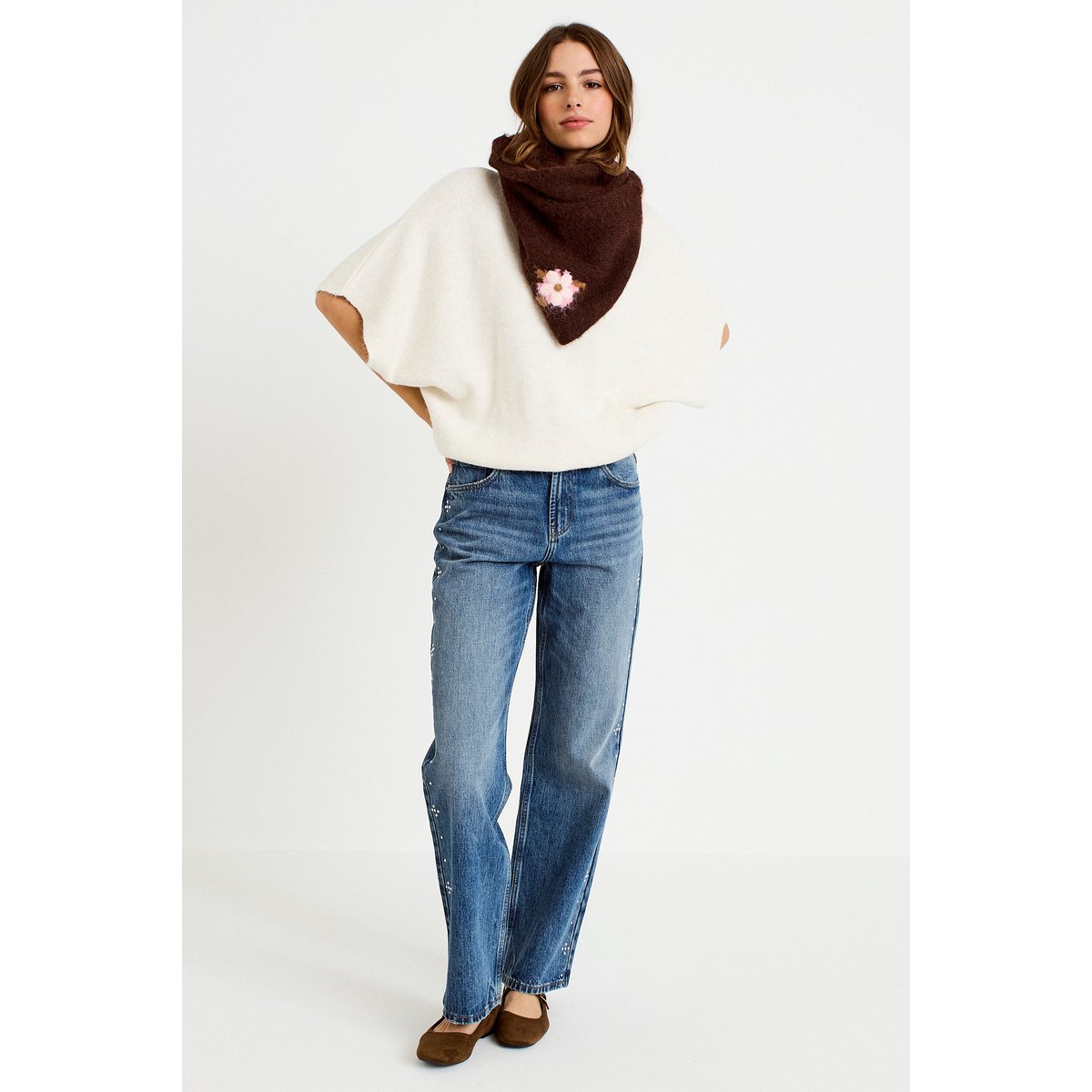 Pull oversize col rond manches courtes ecru, CACHE CACHE