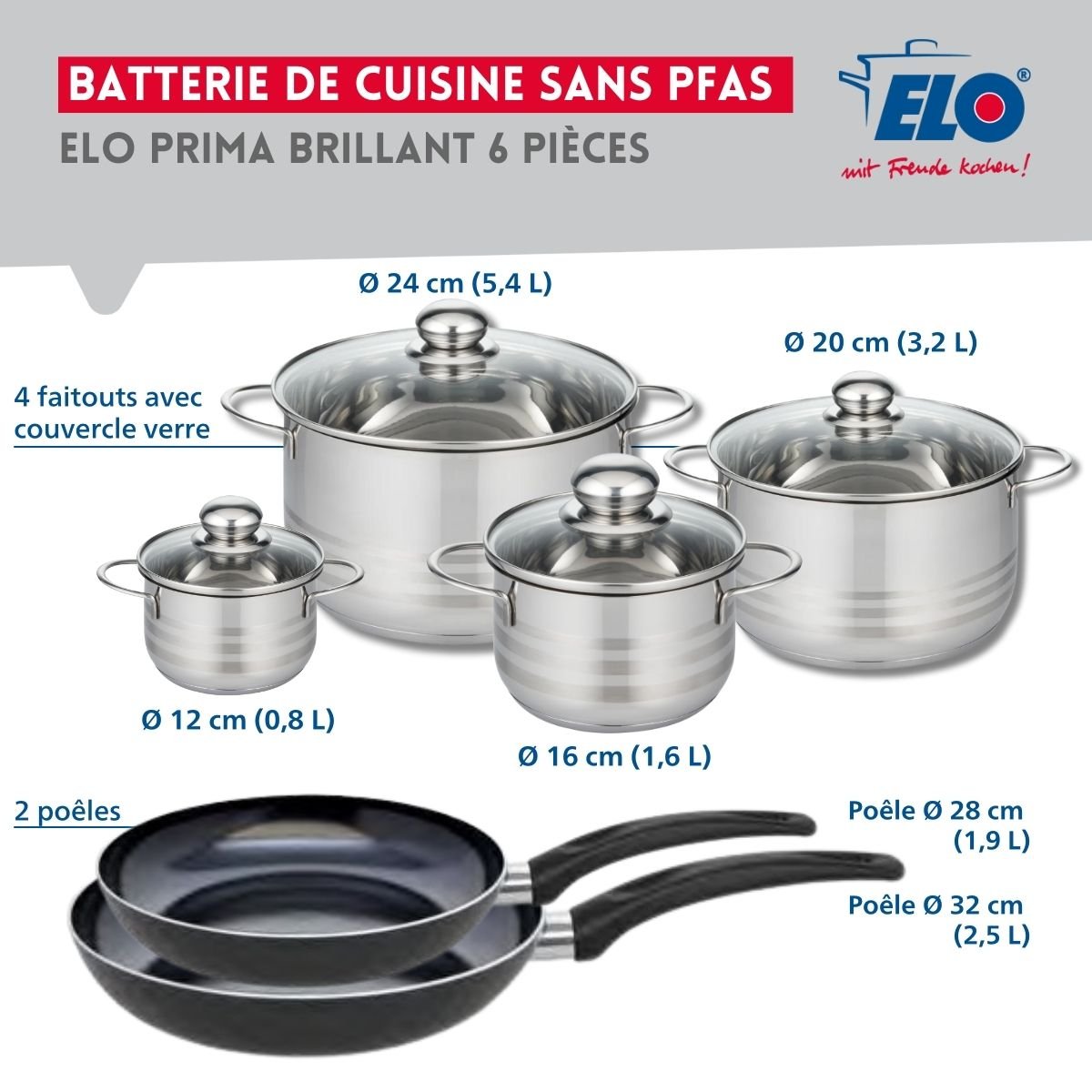 2 poêles 28/32cm + 4 faitouts 12/16/20/24cm PRIMA BRILLANT noir, ELO