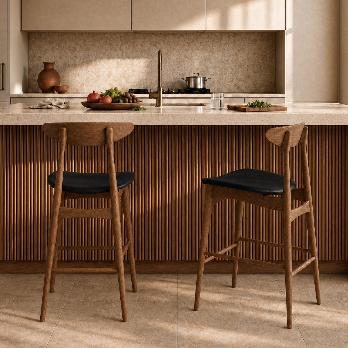 Lot de 2 chaises pour ilot central 63,5 cm en cuir synthétique et bois d'hévéa - JOSETTE noir, MAISON PAVANE