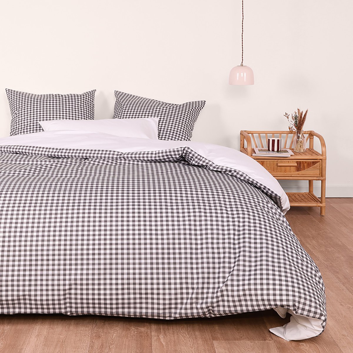 Lot de 2 taies d’oreiller imprimées en percale de coton bio, LE VICHY gris, A DEMAIN