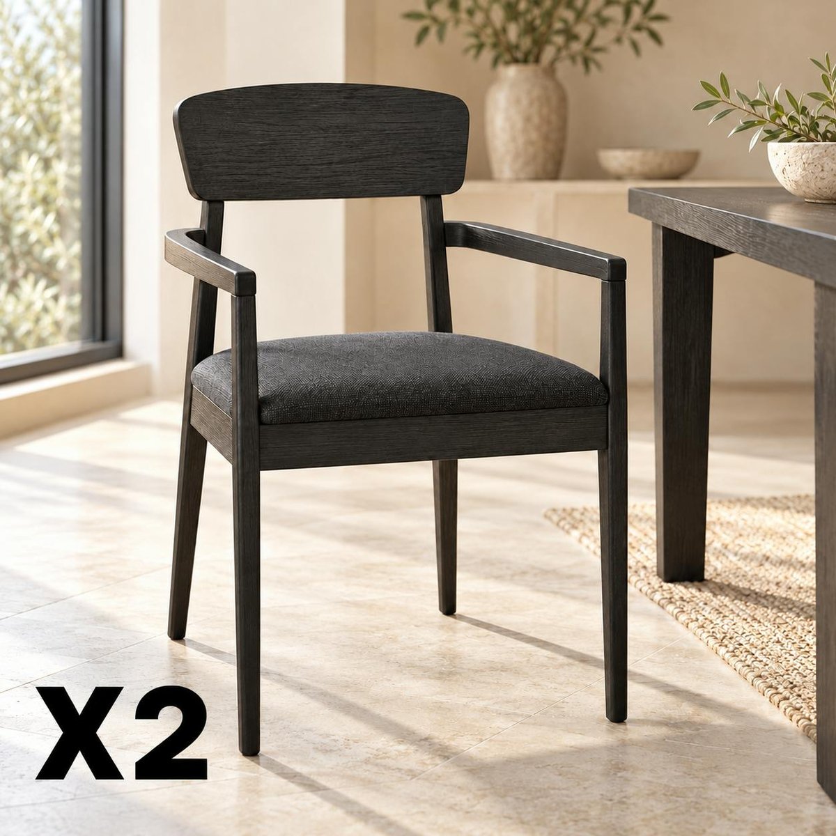 Chaise à accoudoirs en bois, assise tissu (lot de 2) ORBE noir, PIER IMPORT