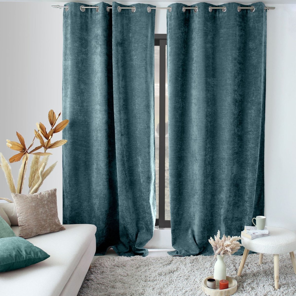 Rideau thermique en velours doublé polaire bleu canard, HOME MAISON