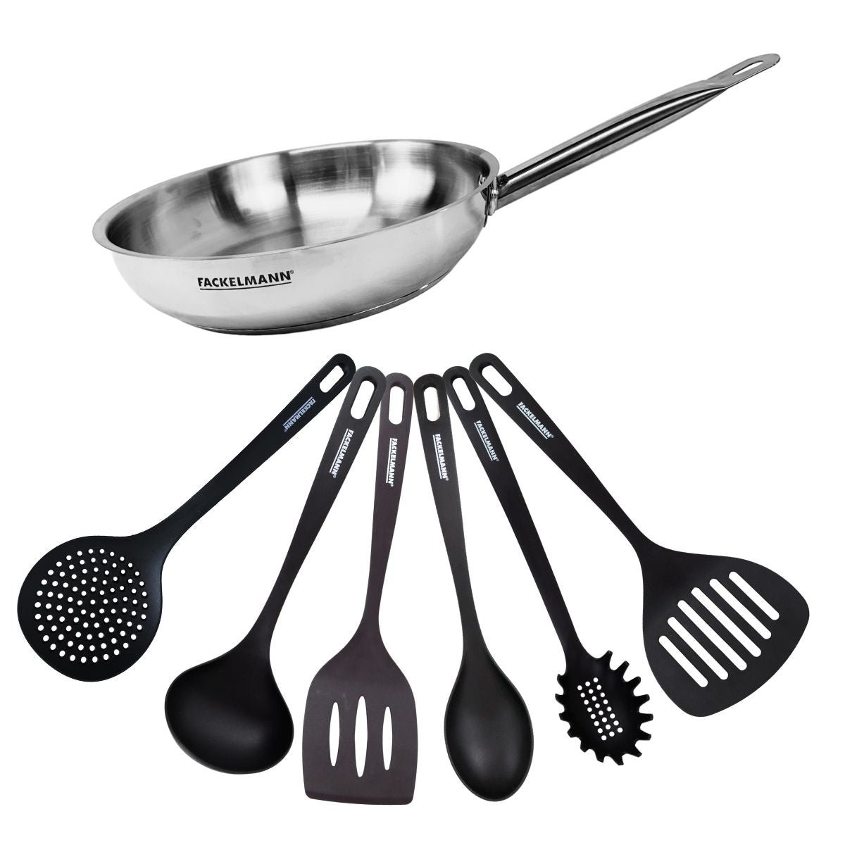 Set de 1 poêle 28 cm en inox et 6 ustensiles ETERNA inox|noir, FACKELMANN