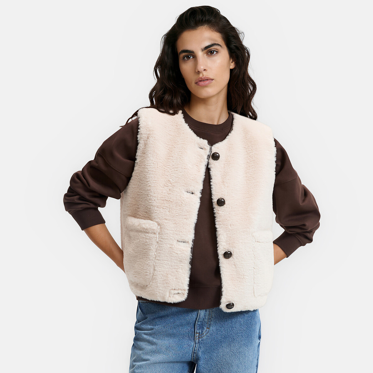 Veste col rond, sans manches, en sherpa beige, LA REDOUTE COLLECTIONS