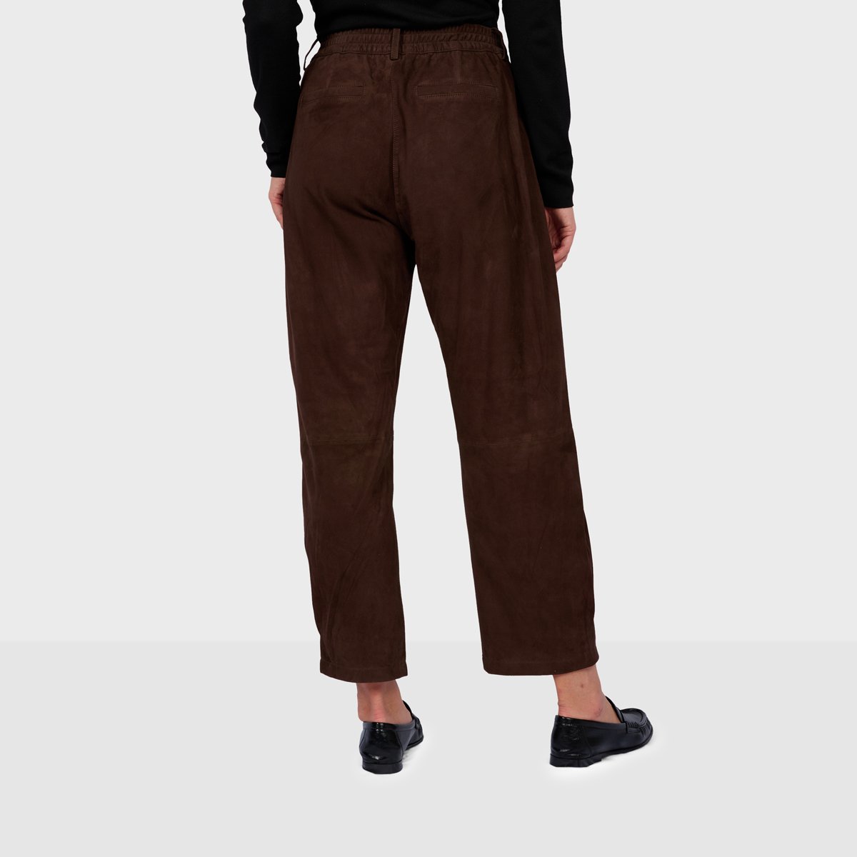 Pantalon à taille élastiquée en cuir MIA chocolat, OAKWOOD