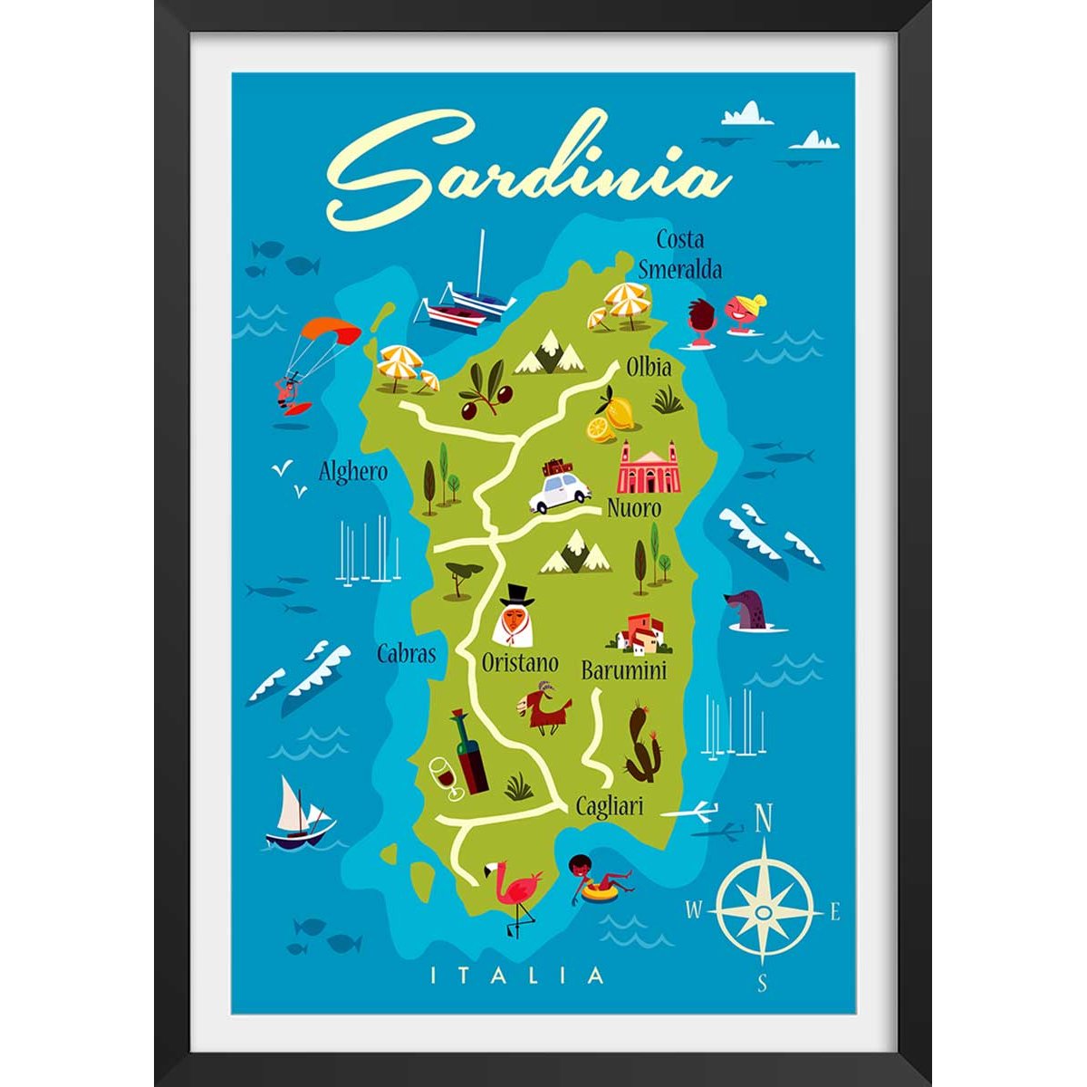 Poster de tourisme en sardaigne affiche + cadre en bois - noir, HEXOA