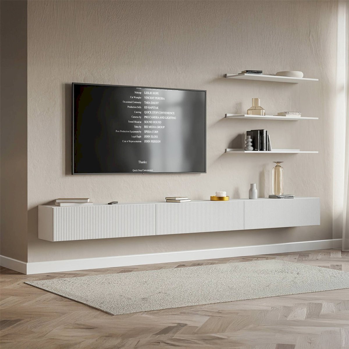 Meuble tv suspendu façade rainurée VELDIO blanc, RECOLLECTION