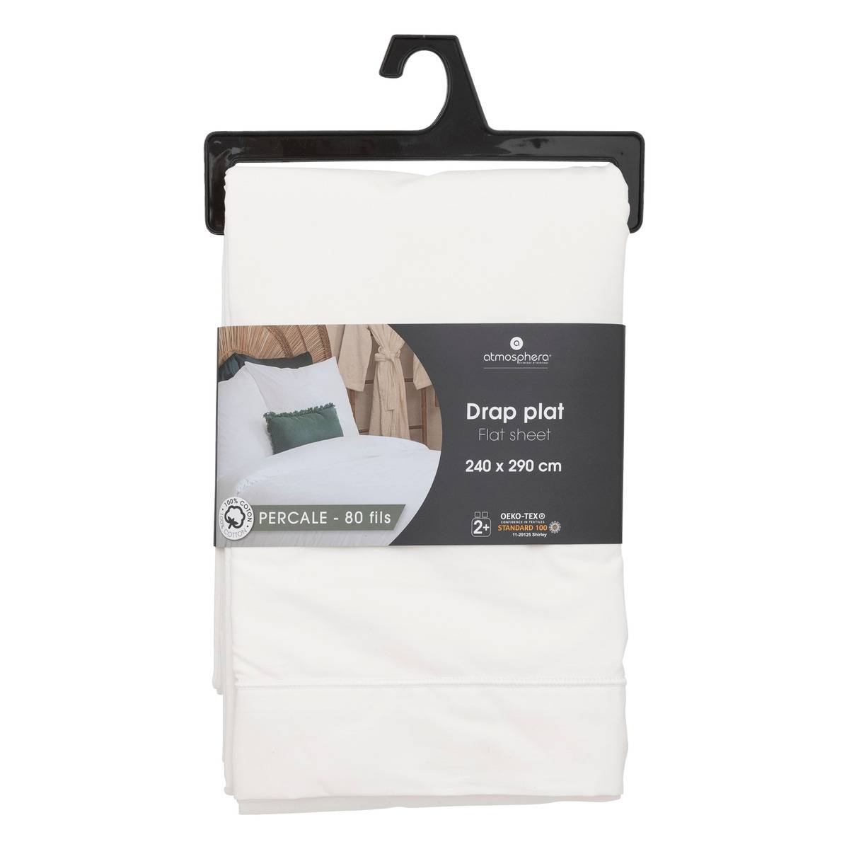 Drap plat percale de coton LANDIHA blanc, ATMOSPHERA