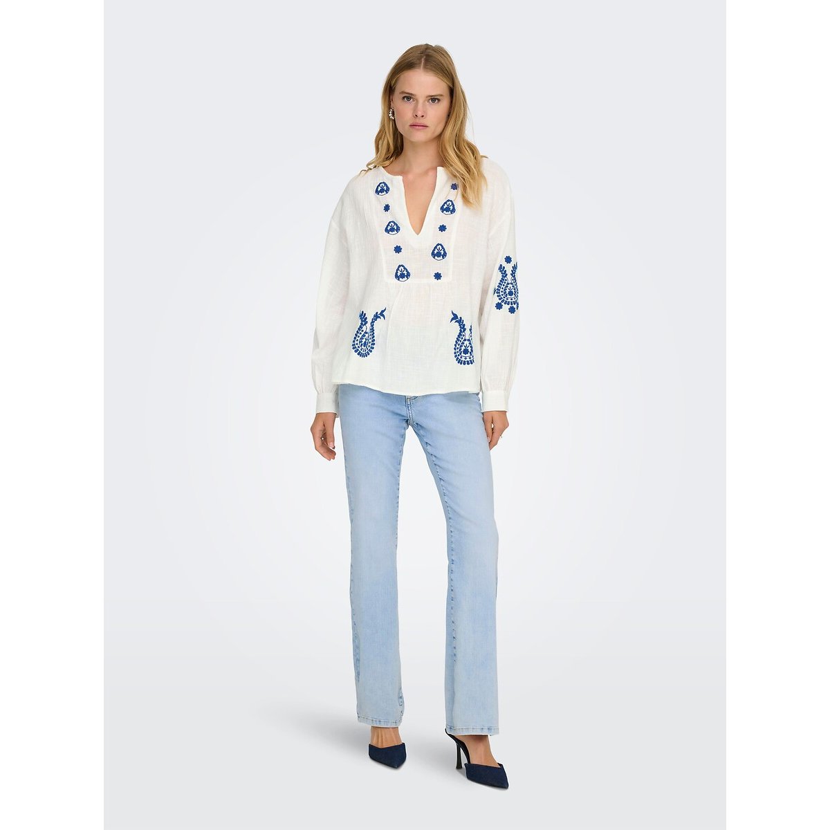 Embroidered Long Sleeve Blouse white/blue, ONLY