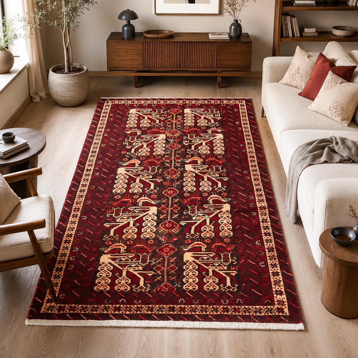 Tapis salon au motif traditionnel, noué main en laine, BALUTSCH 2 bordeaux, beige, noir, UN AMOUR DE TAPIS