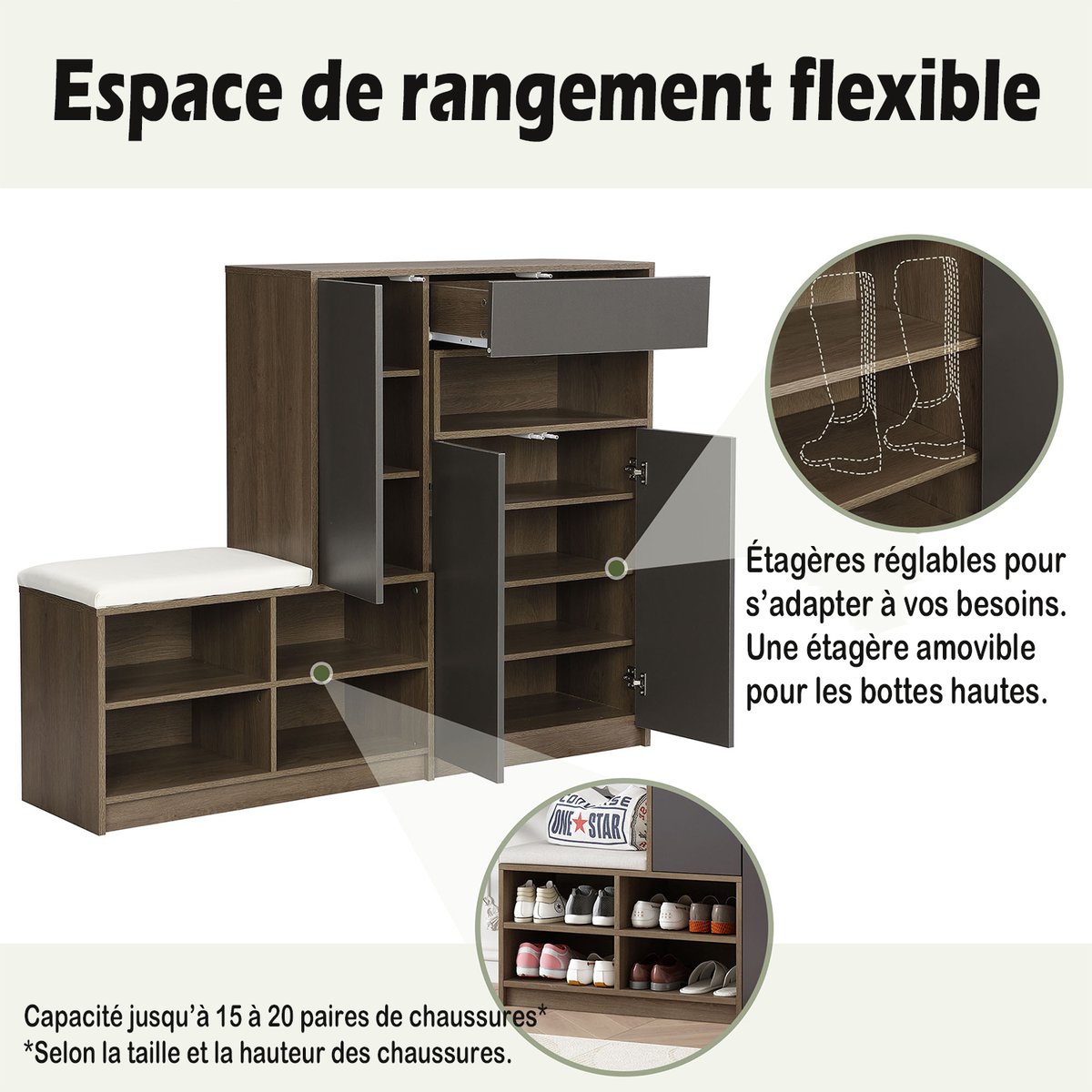 Meuble à chaussures avec banc et rangements, PORCH-B gris, MEUBLES COSY