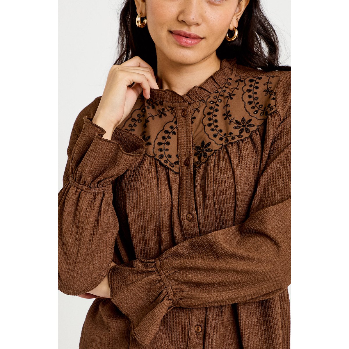 Blouse droite manches longues plissée marron, CACHE CACHE