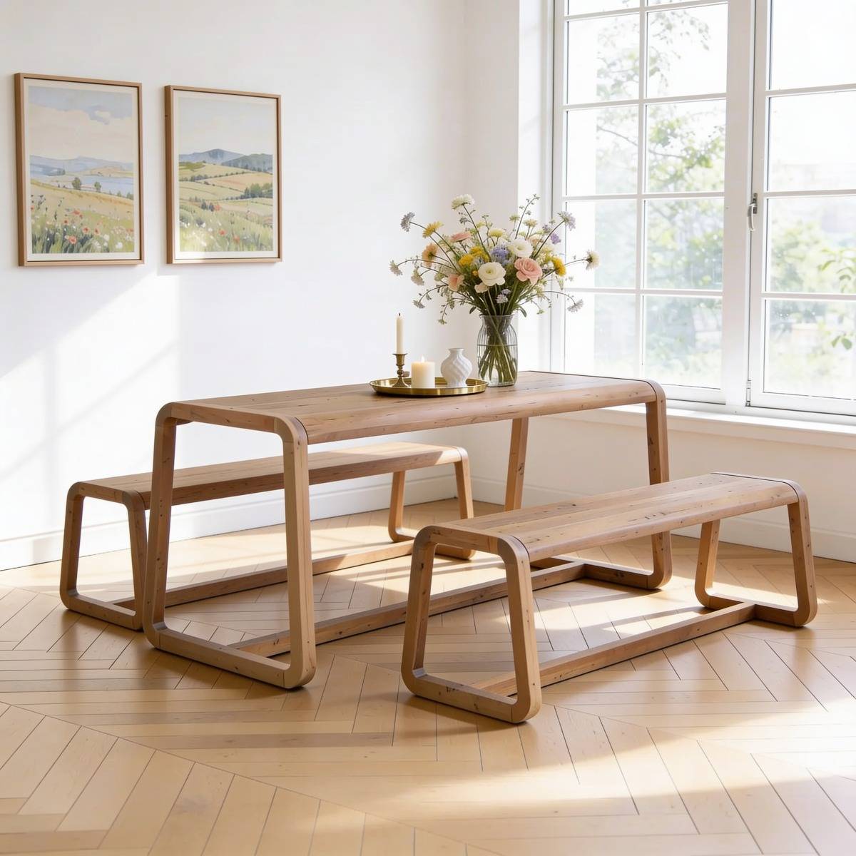 Table à manger et bancs en bois d'acacia KALANI bois clair, MADE IN MEUBLES 