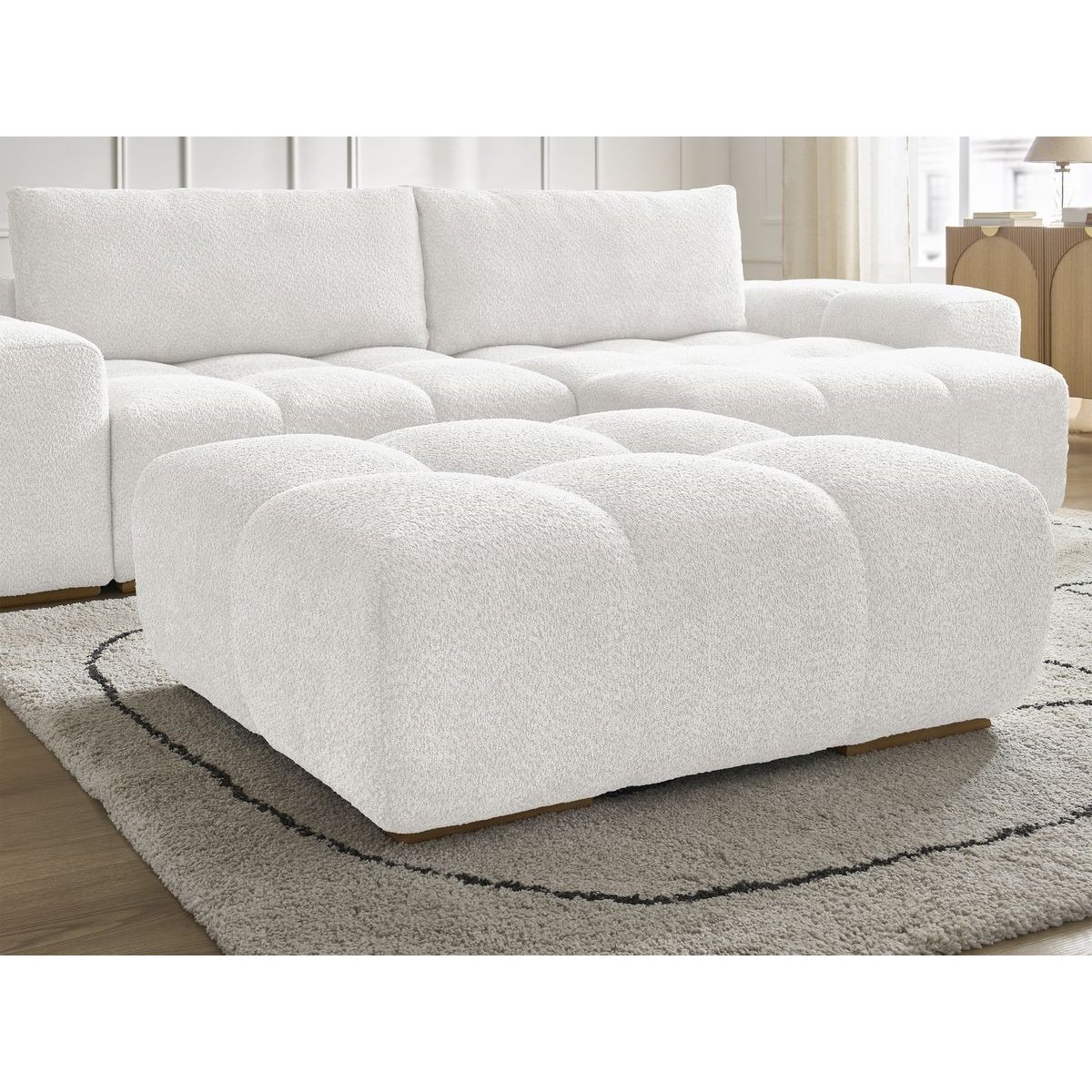 Canapé d'angle convertible 5 places en tissu bouclette avec pouf, ANAKIN blanc, BOBOCHIC