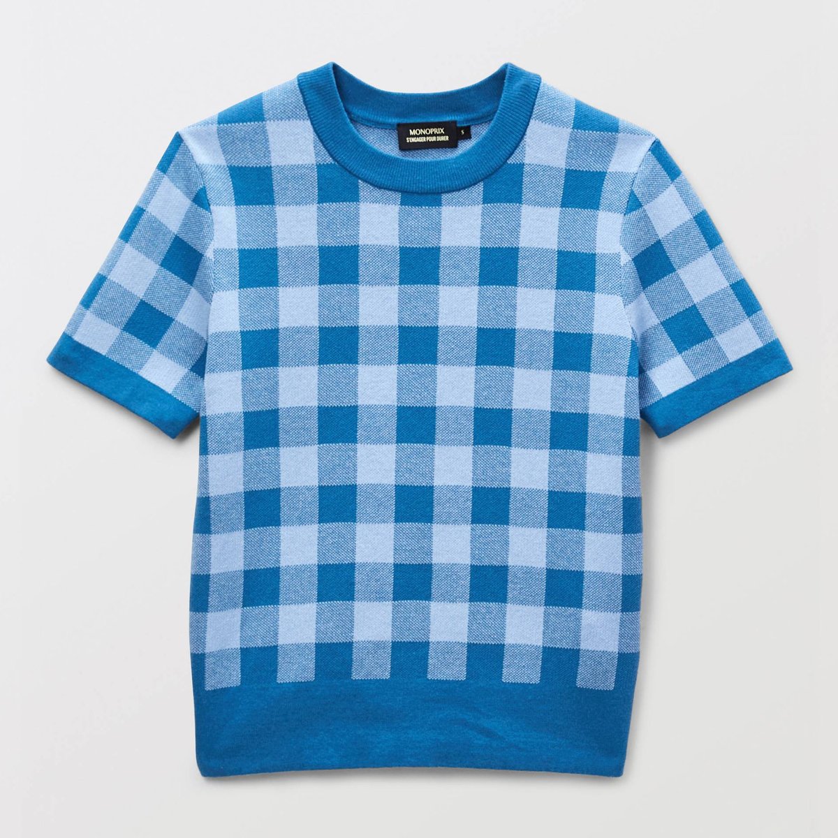 Pull manches courtes motif vichy porcelaine, MONOPRIX
