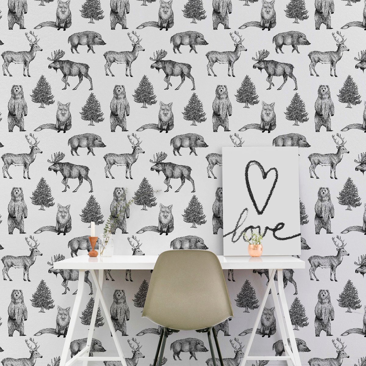 Papier peint Animaux de nos forêts noir, blanc, SUPERFRESCO EASY