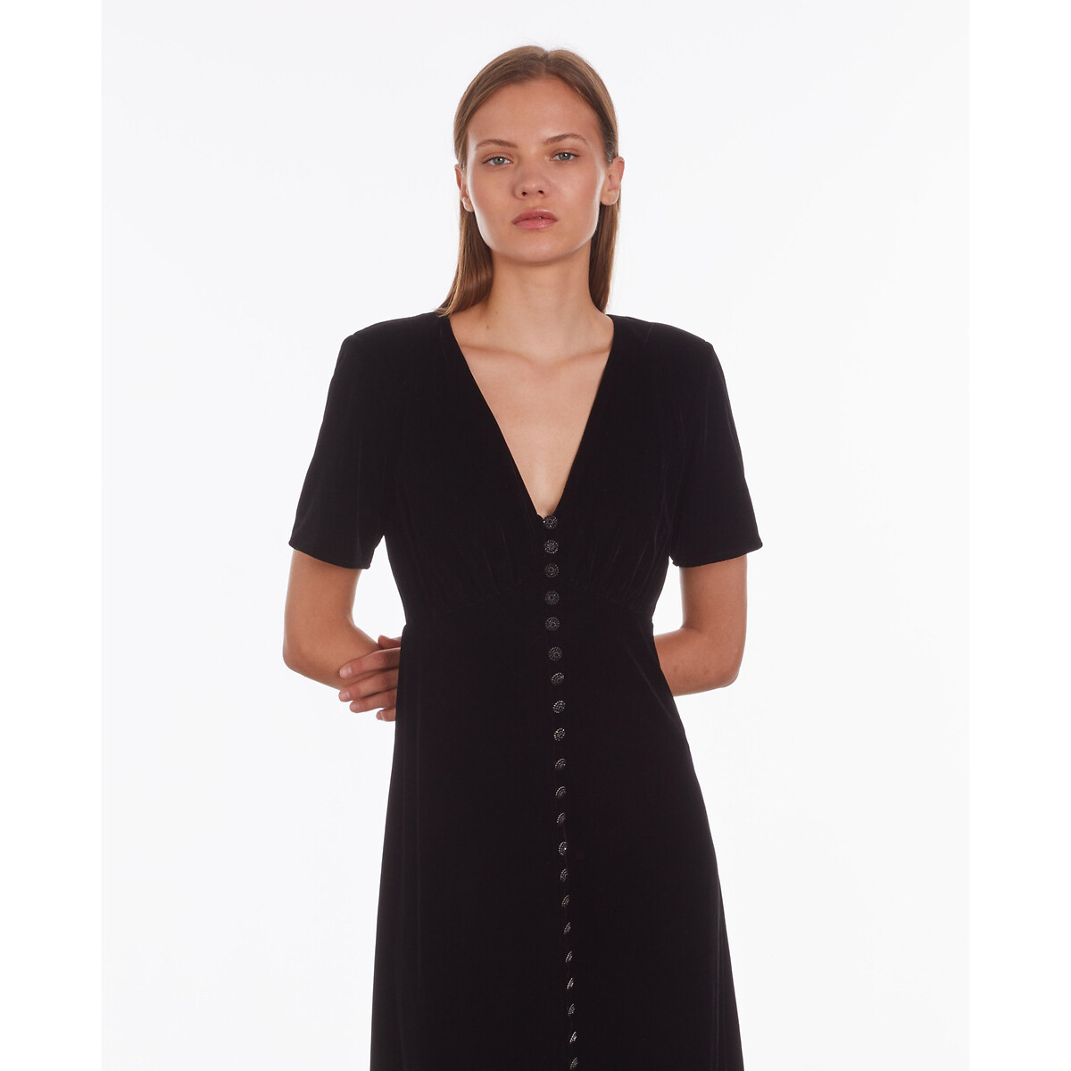 Robe velours mi-longue boutonnée, manches courtes noir, THE KOOPLES